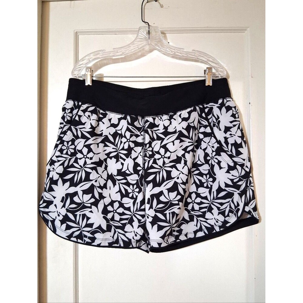 Lands' End Black White Floral Swim Board Shorts Active Swimwear Women's Size 16